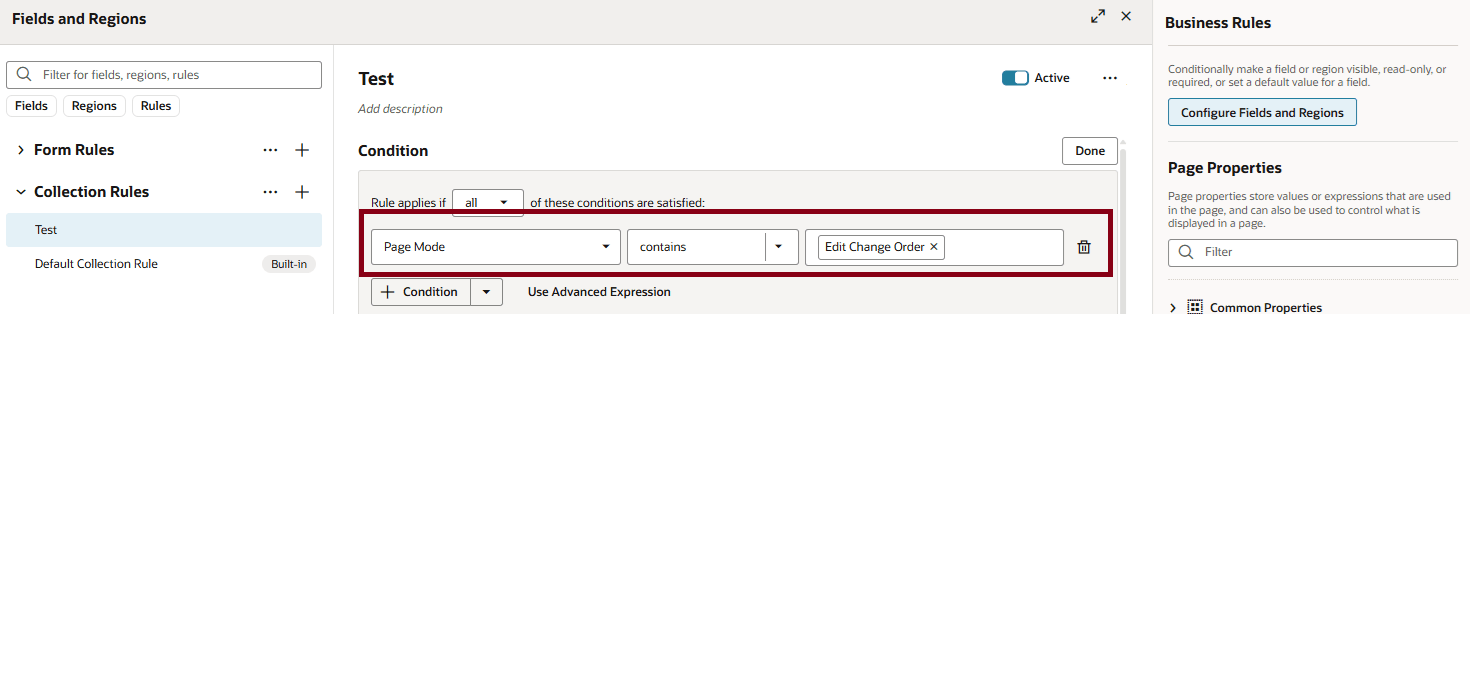 Selecting Edit Change Order as Page Mode Condition