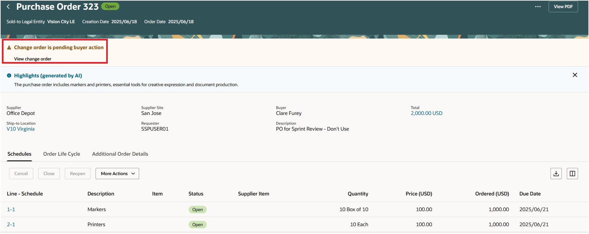 Requester-Initiated Change Order in Pending Buyer Action Status