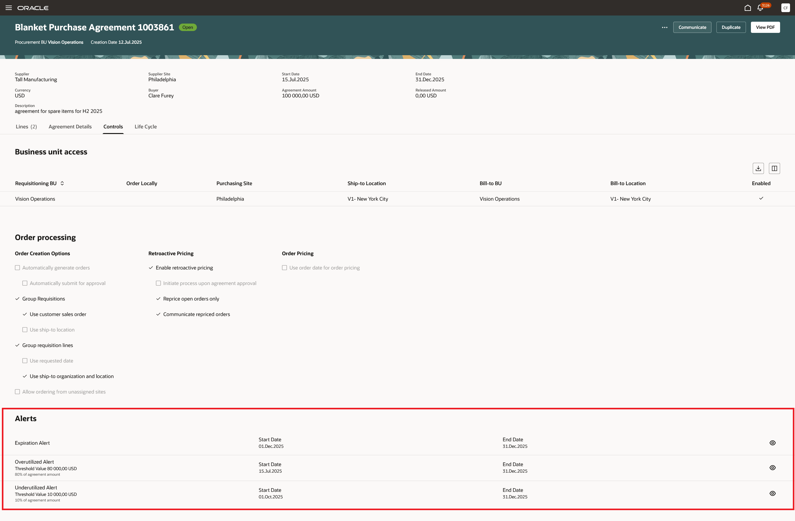 Purchase Agreement Configured with Expiration, Overutilized and Underutilized Alerts