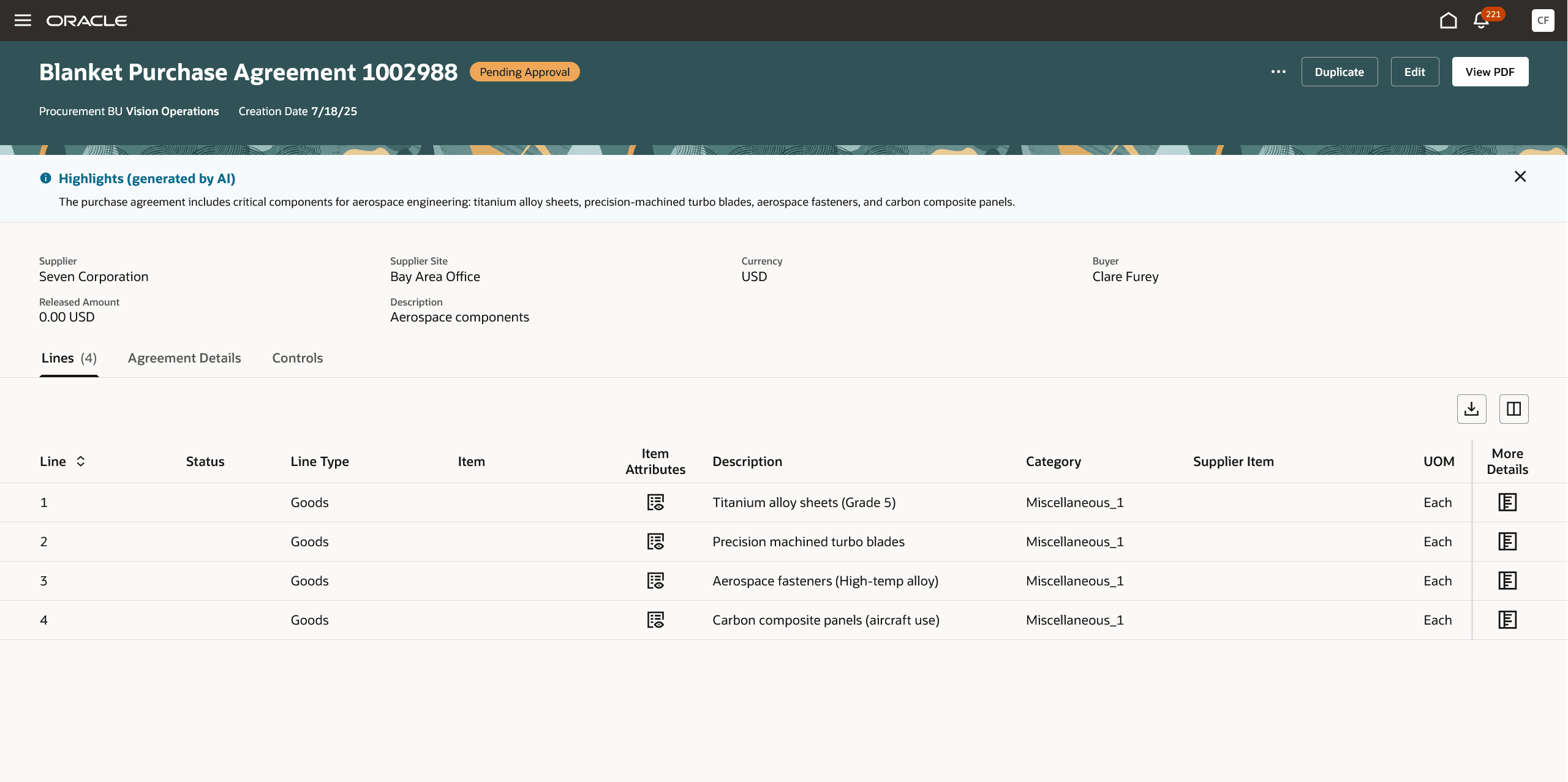 AI Highlights on Blanket Purchase Agreement Page