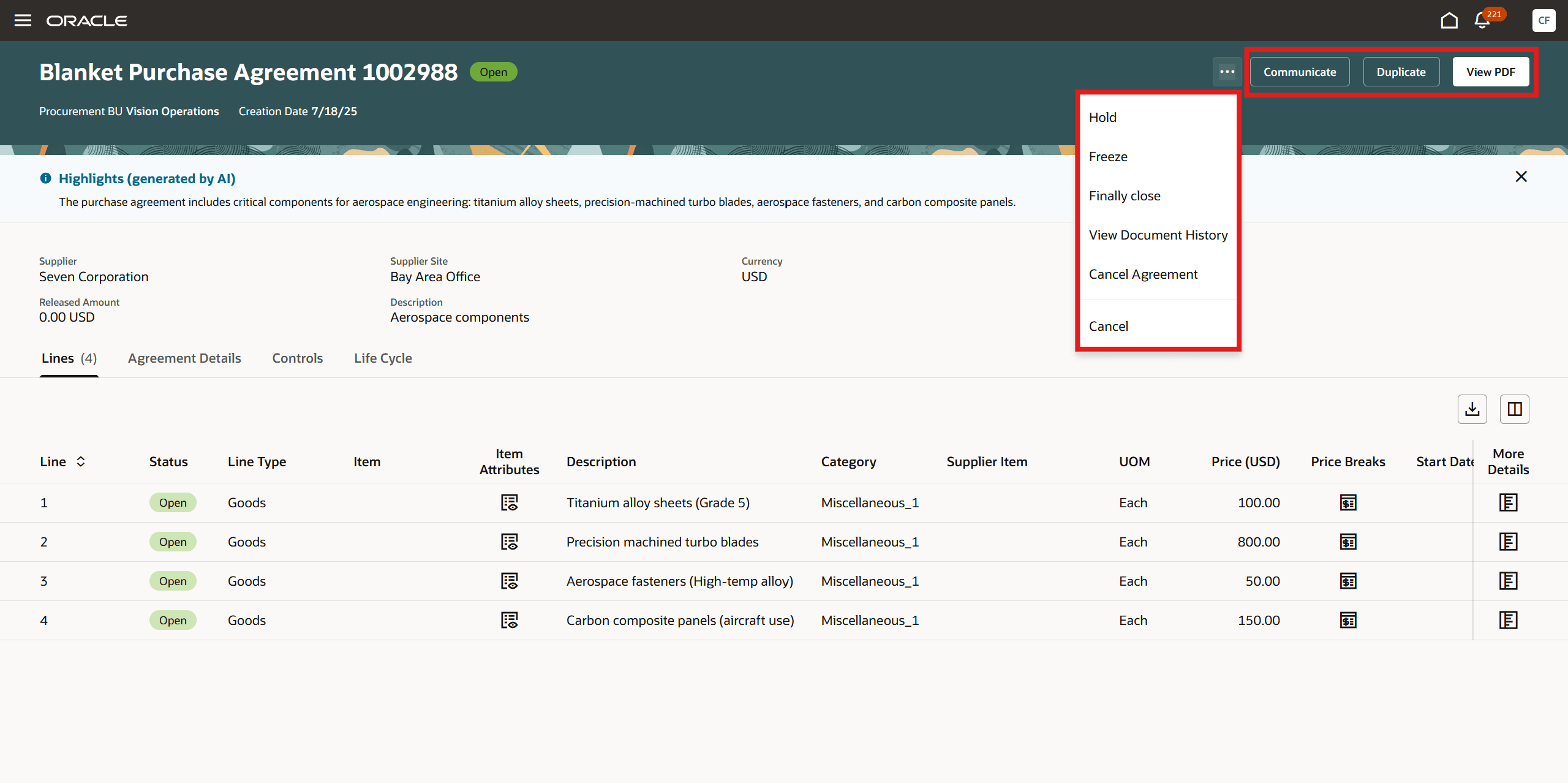 Actions on the View Purchase Agreement Page