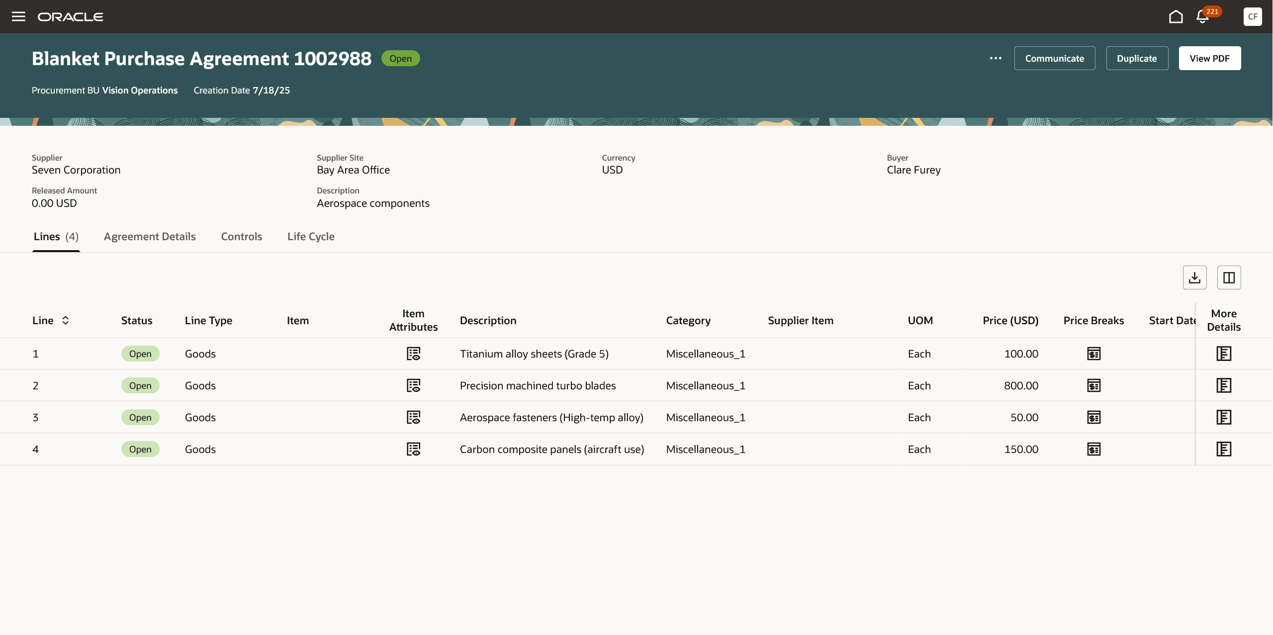 View Purchase Agreement - Lines tab