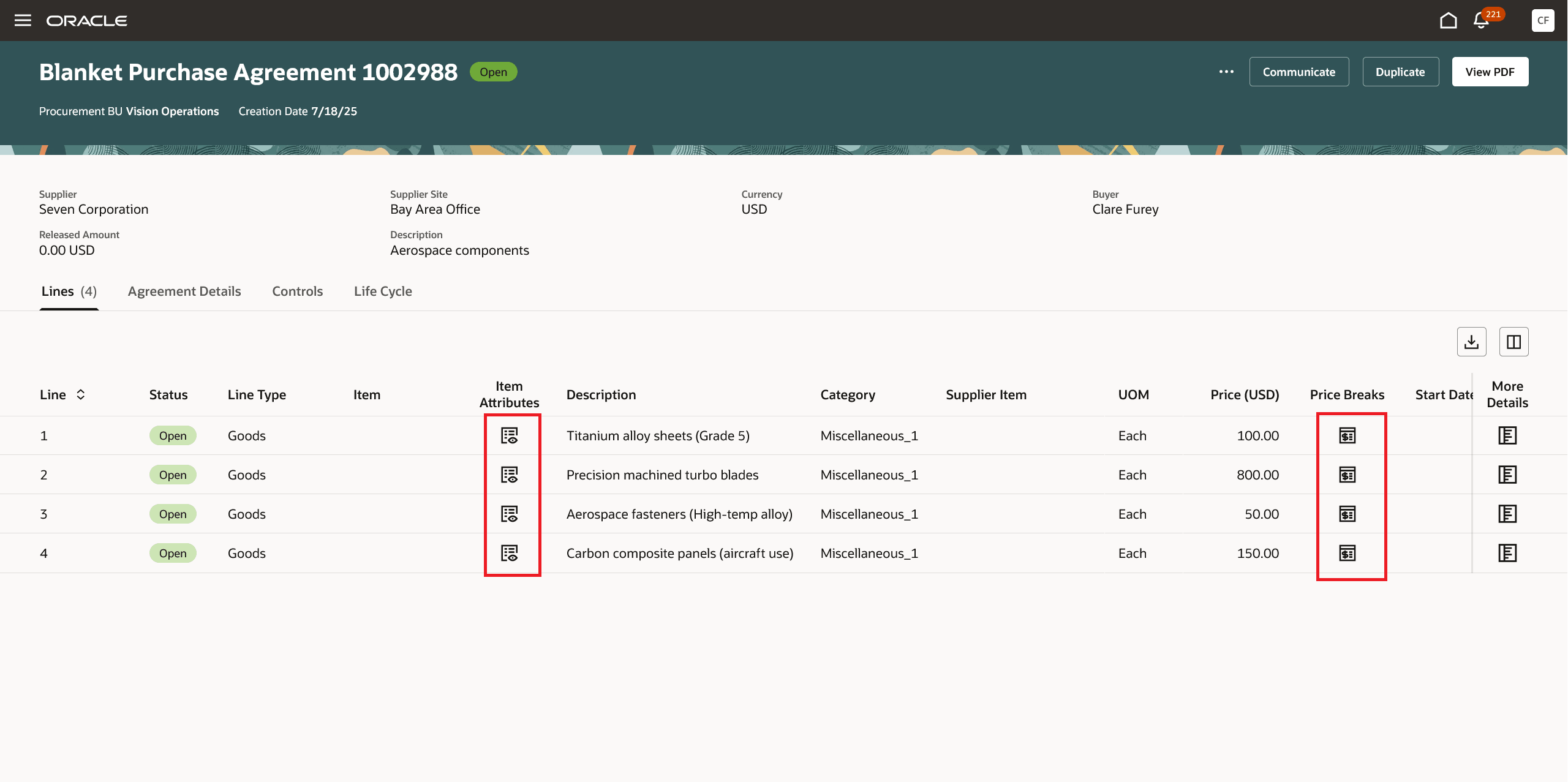 Price Breaks and Item Attributes on Lines Tab