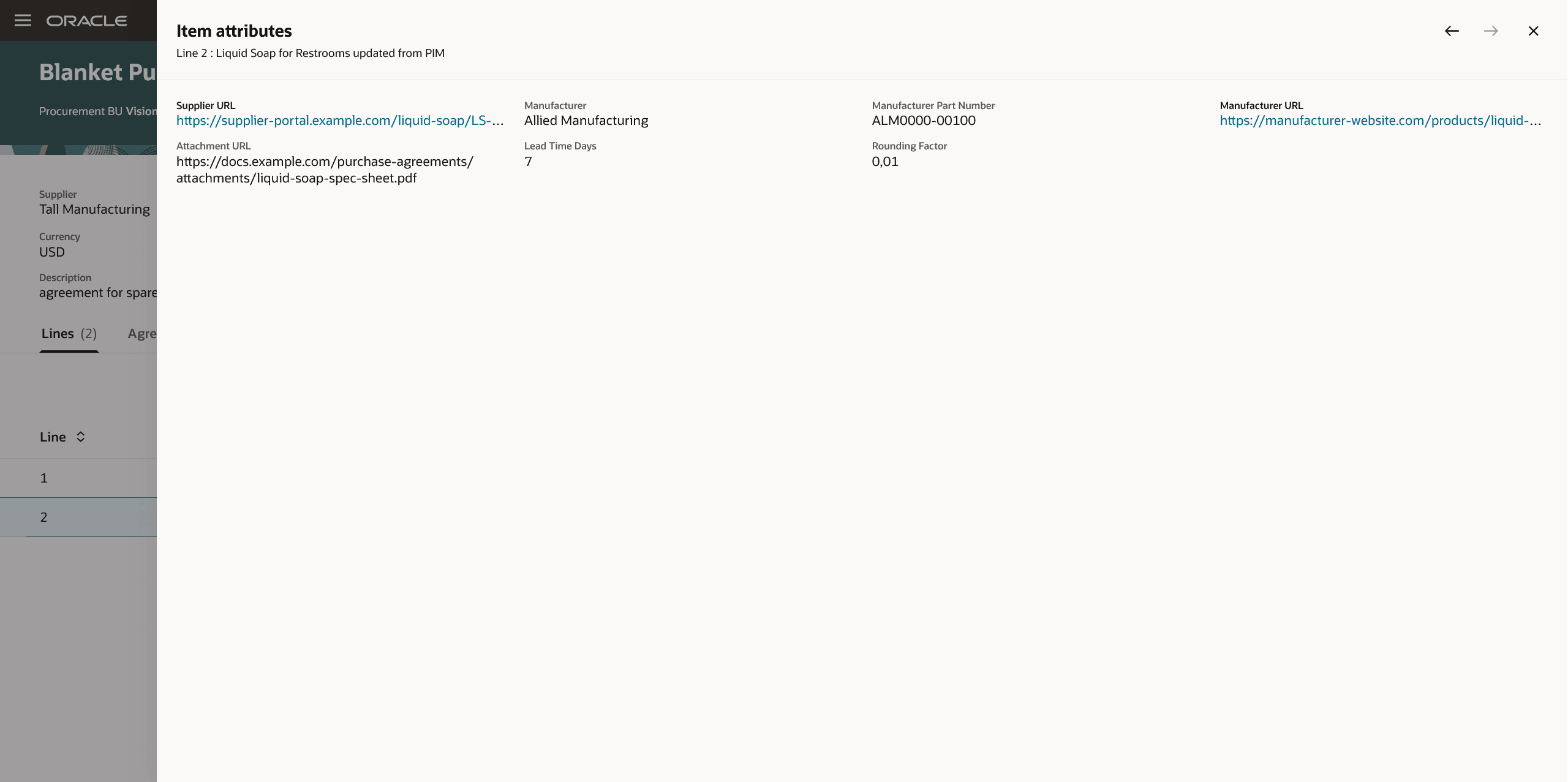 Item Attributes Drawer on Blanket Agreement Line