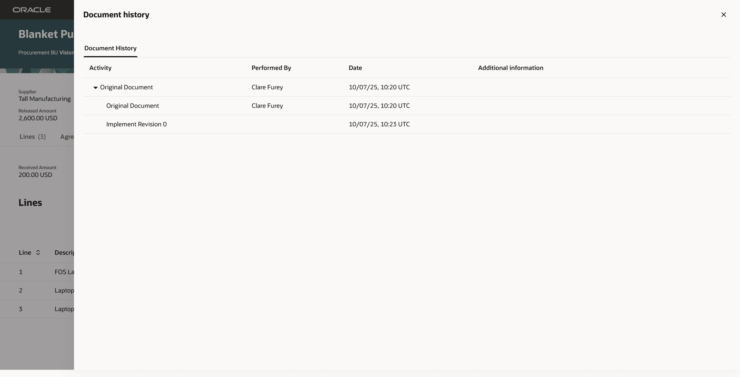 Document History Drawer on the View Purchase Agreement Page