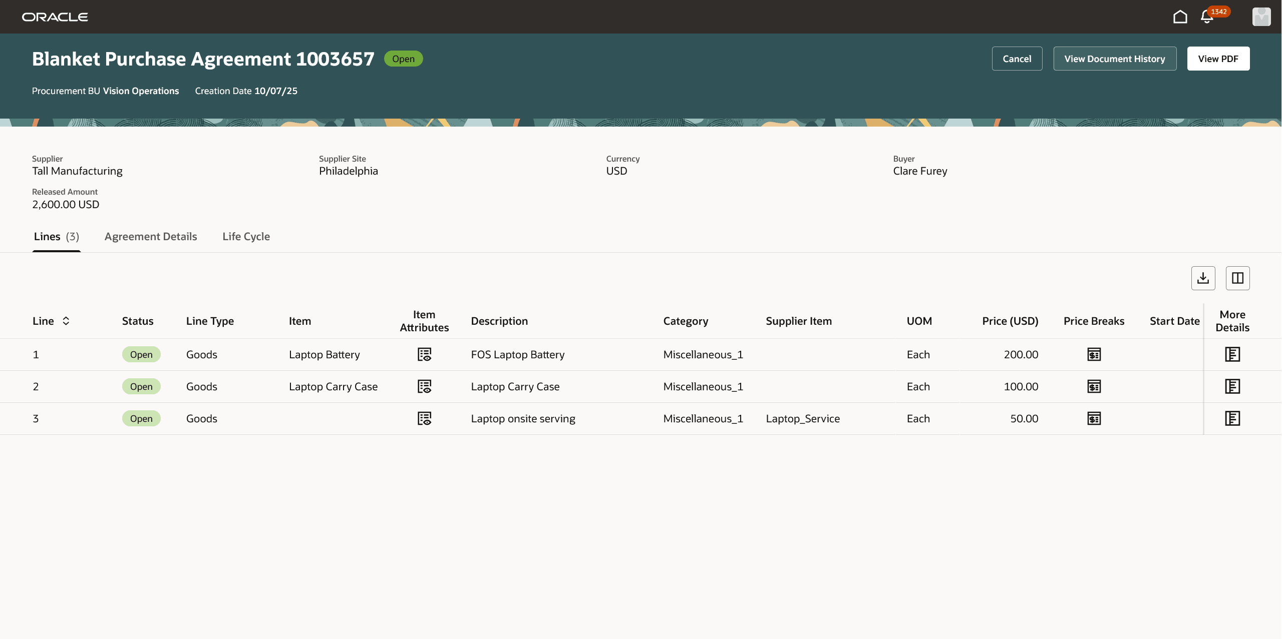 View Purchase Agreement - Lines tab