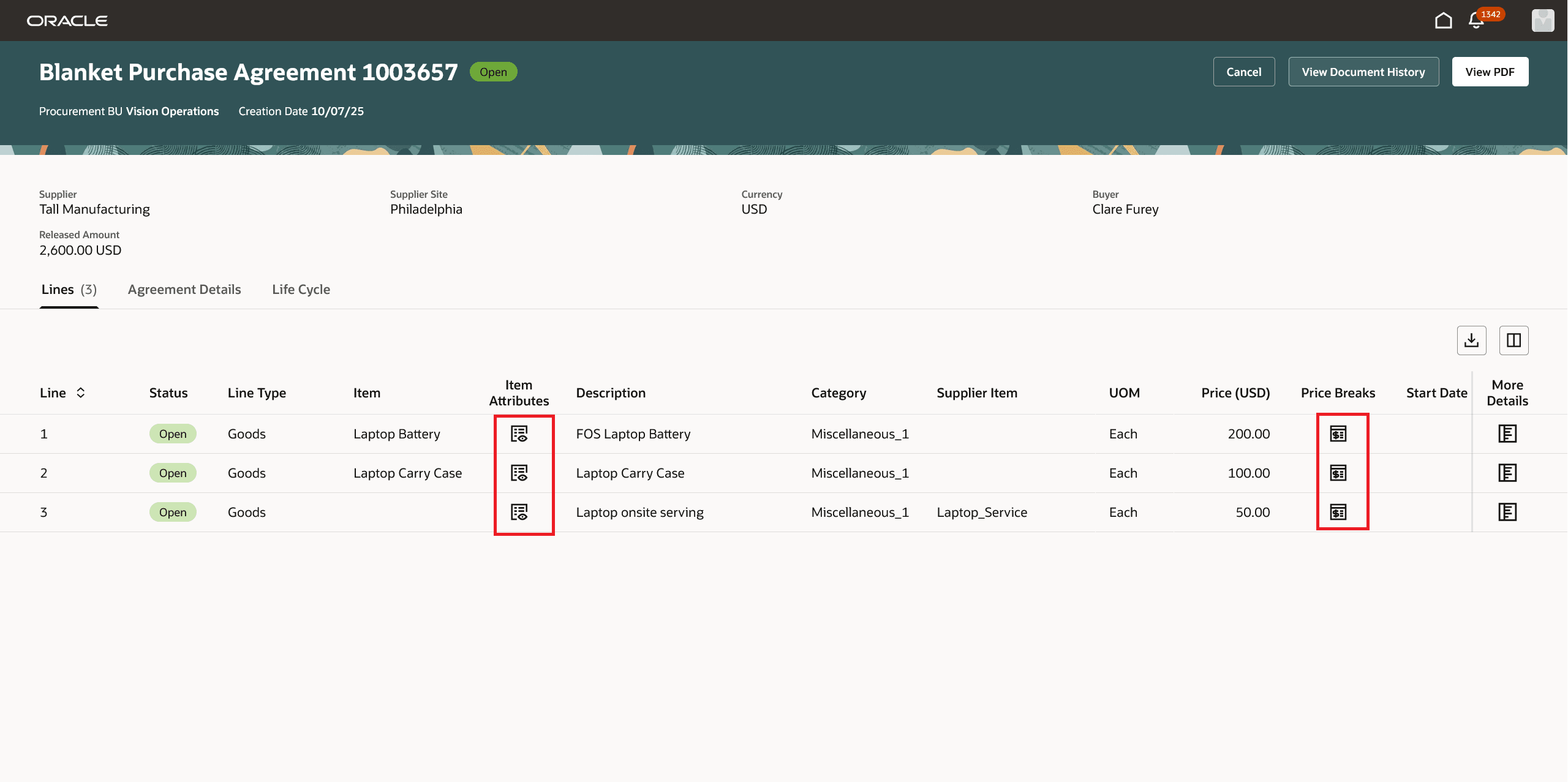 Price Breaks and Item Attributes on Blanket Purchase Agreement Line