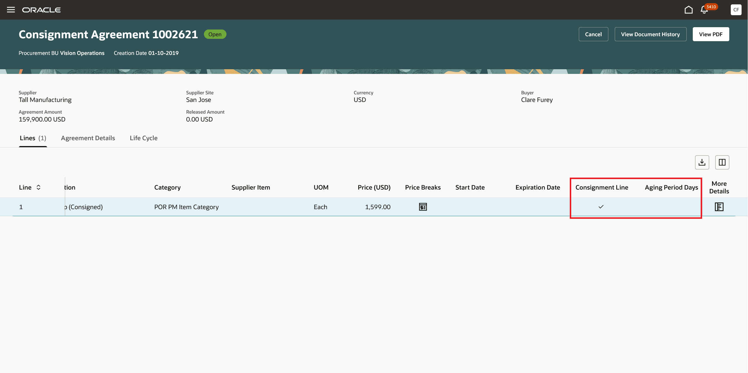 Consignment Line Checkbox and Aging Period Days on Consignment Agreement Line