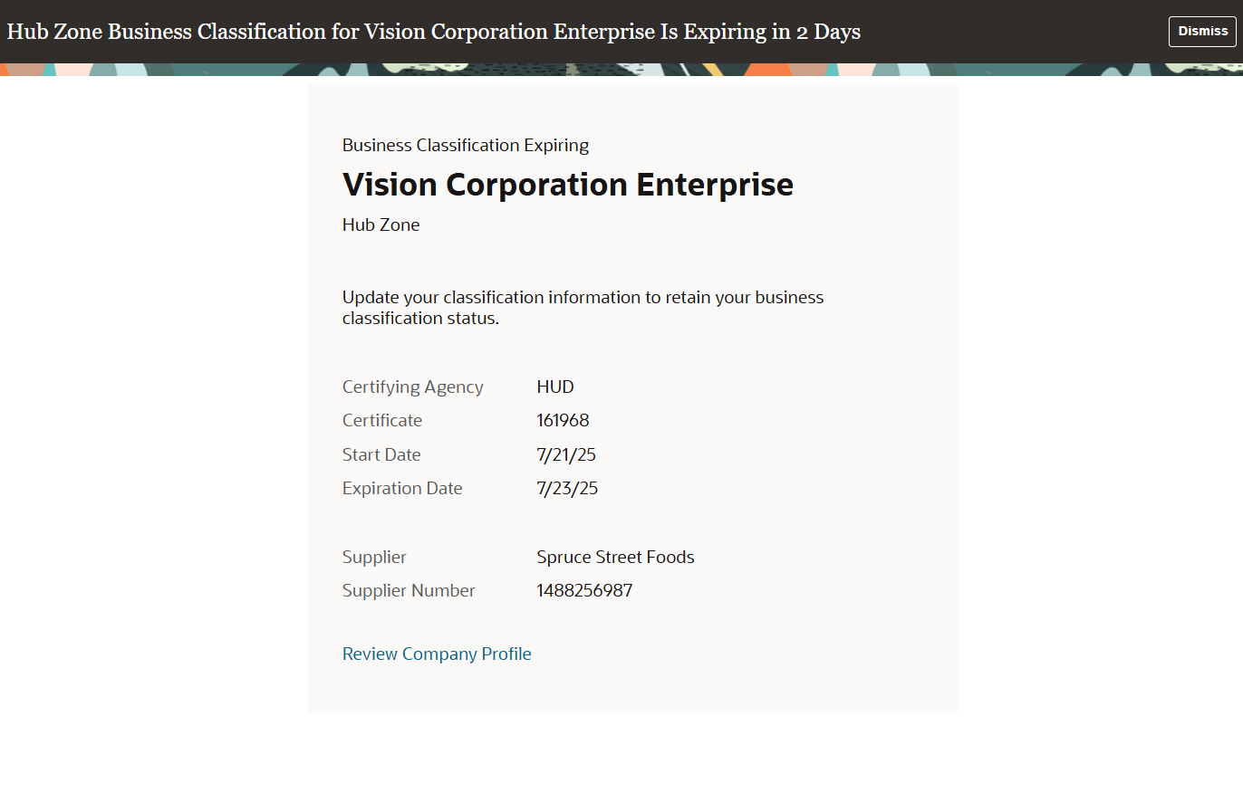 Supplier Business Classification Expiration FYI Notification