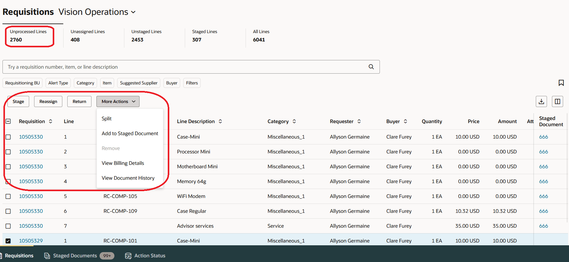Actions Supported on the Unprocessed Lines Metric