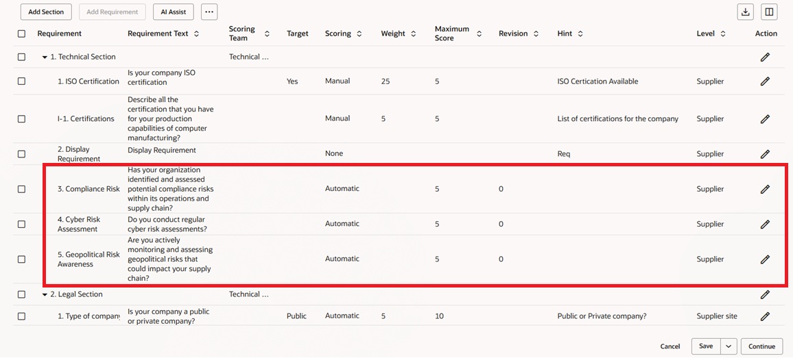 Predefined Questions added to Requirements