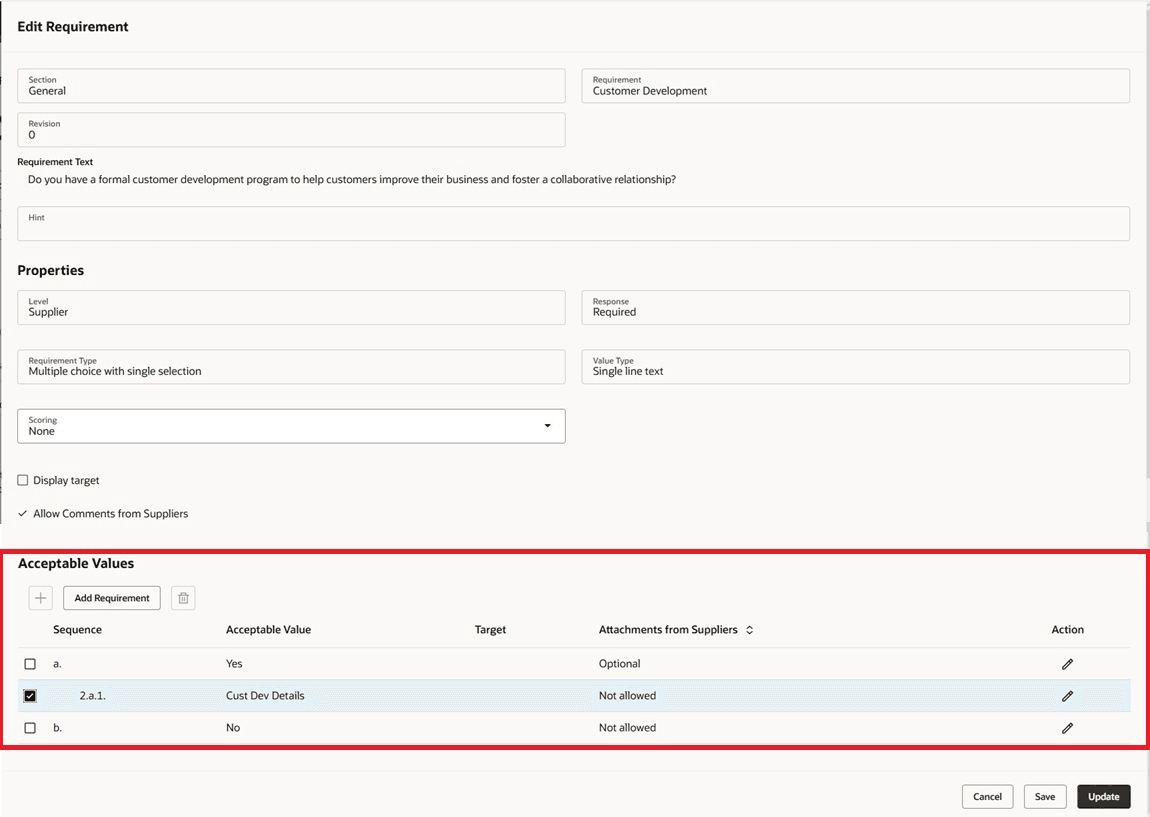 Edit requirement page with predefined branching question