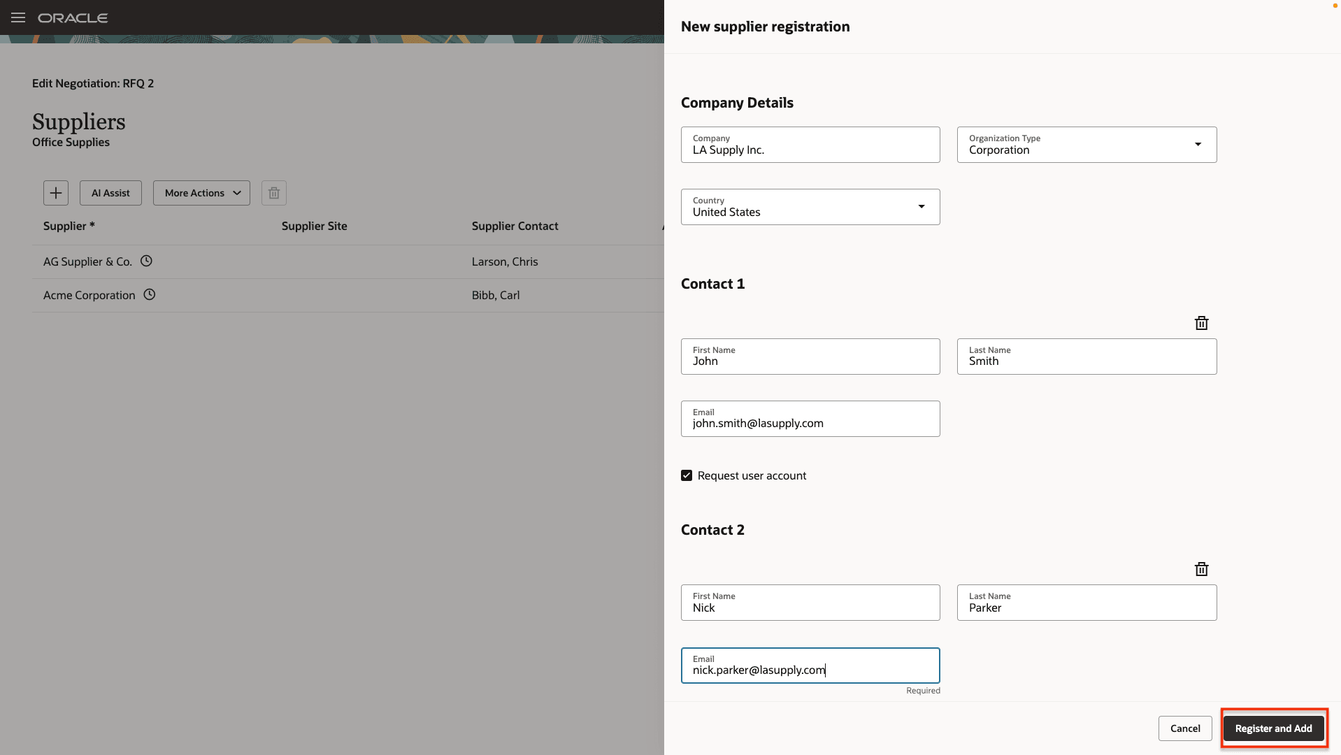 Add the New Supplier and Contacts 