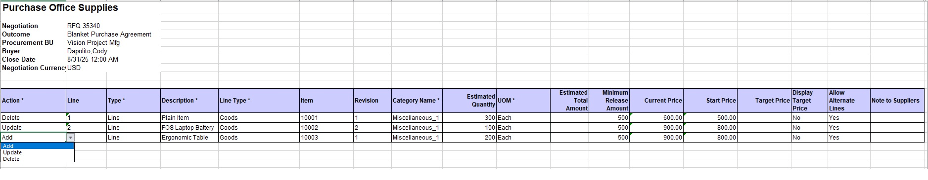 Add, Update and Delete action on lines excel spreadsheet