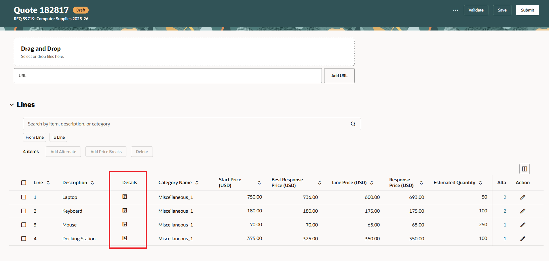 Create Response Lines Table