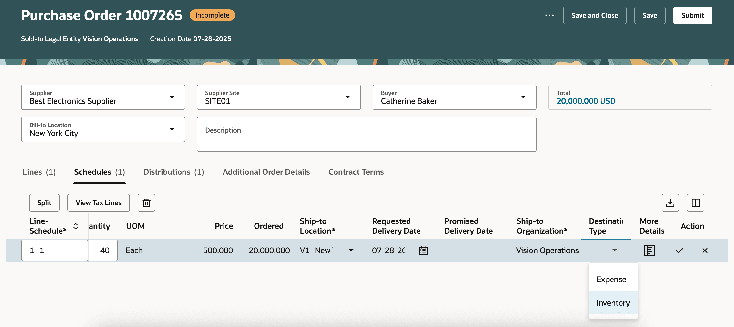 Purchase Goods for Inventory Destination