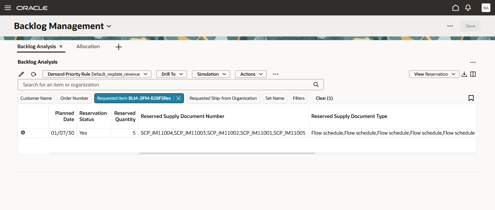 Figure 9: 5 Flow Schedules Order Numbers are Shown in Reserved Supply Document Number Field