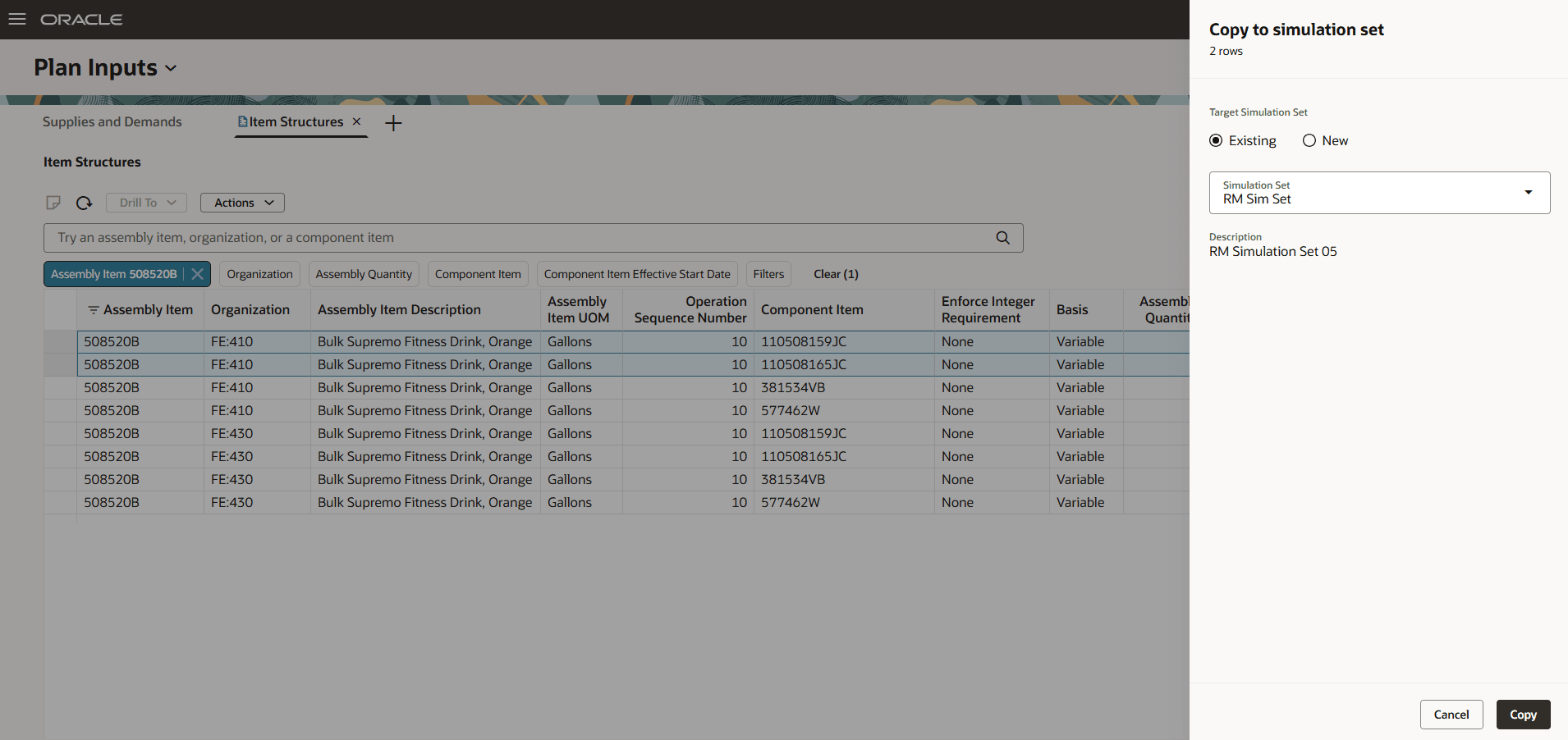Copy to Simulation Set Drawer