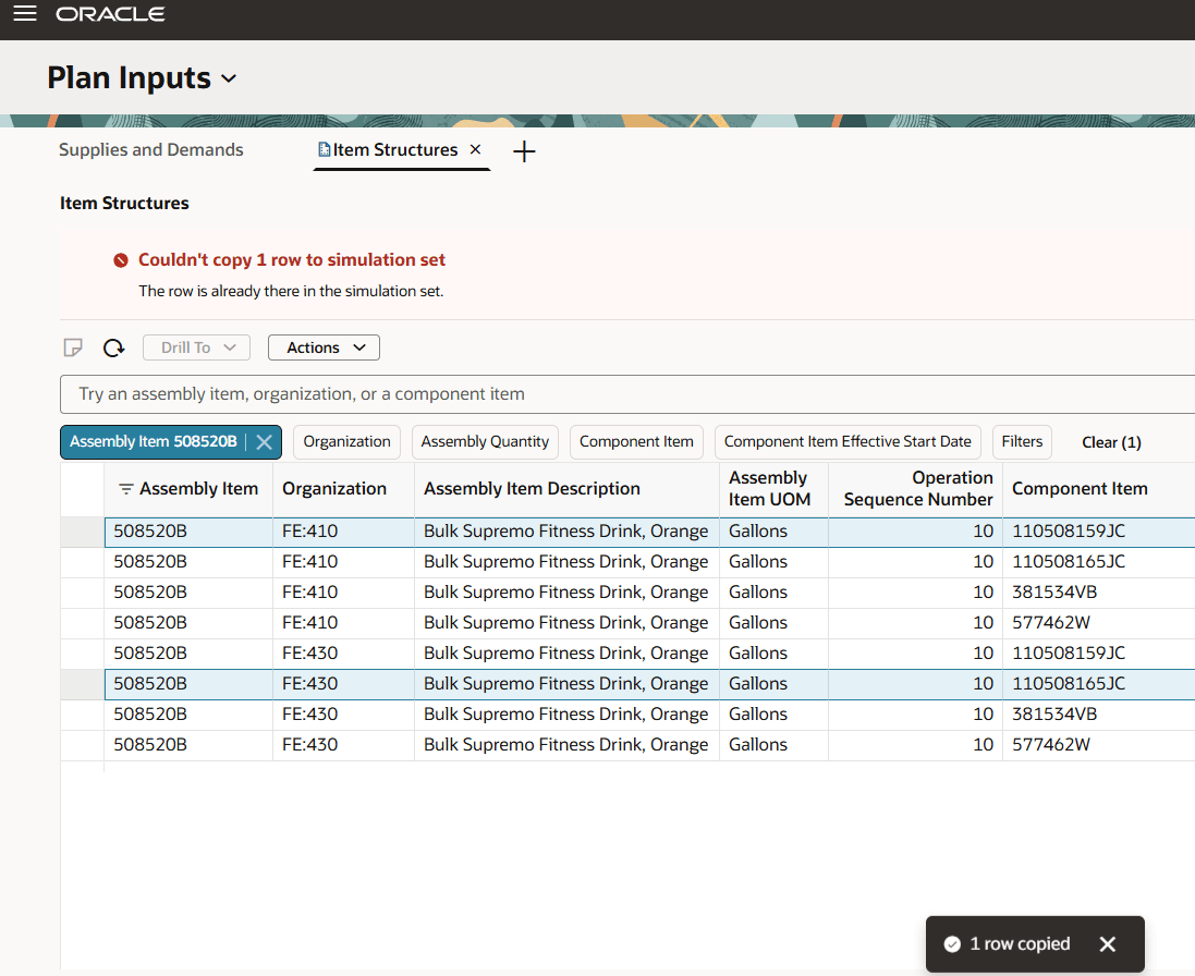 Message Displayed from Plan Inputs When an Item Structure Already Existed in a Simulation Set