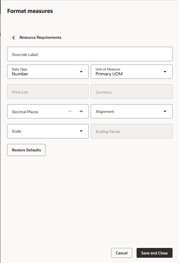 Editing Display Attributes in Format Measures Drawer