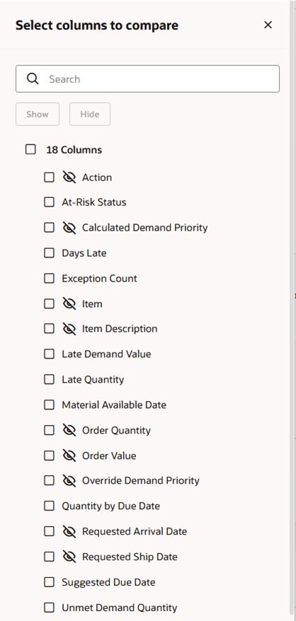 Changed Demands - Select Columns to Compare Drawer