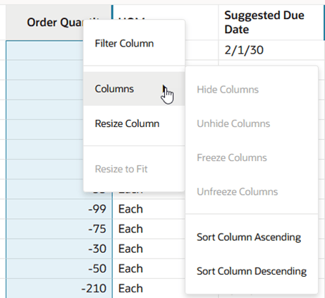 Column Header Context Menu