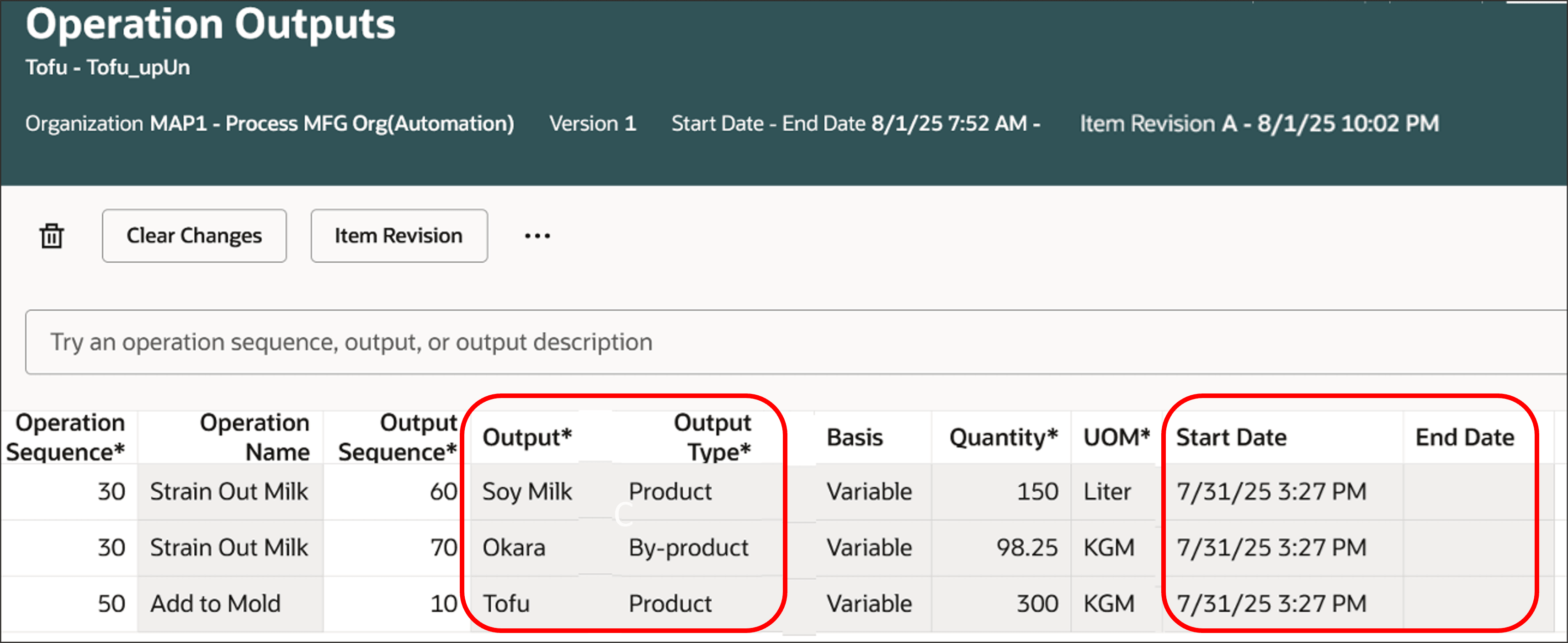 Outputs Date Effectivity