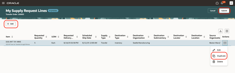  My Supply Requests Line page in Supply Chain Orchestration 
