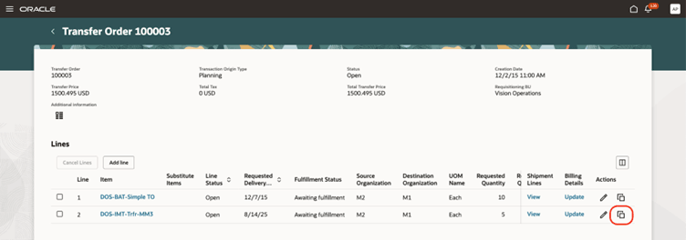  copy a line on the transfer order, then add a new line that has the same item but set a different quantity and requested delivery date:
