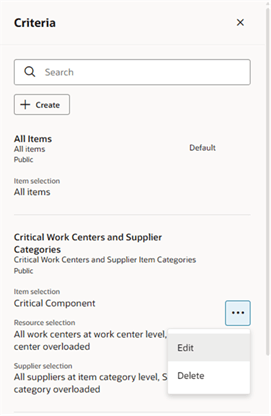 Criteria Actions Menu