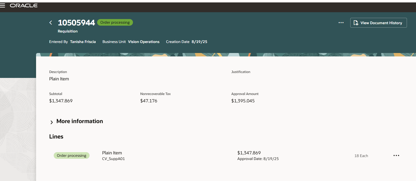 View Requistion Details displaying Order Processing Status