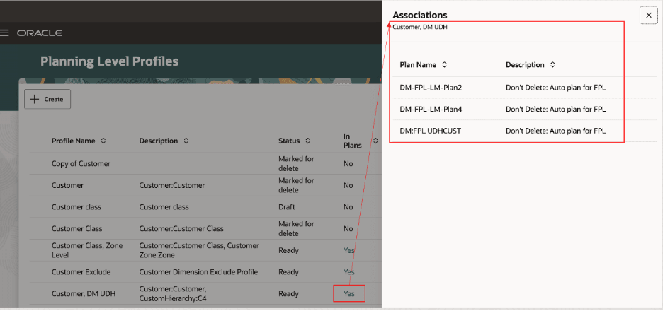 Associations Drawer for Planning Level Profile