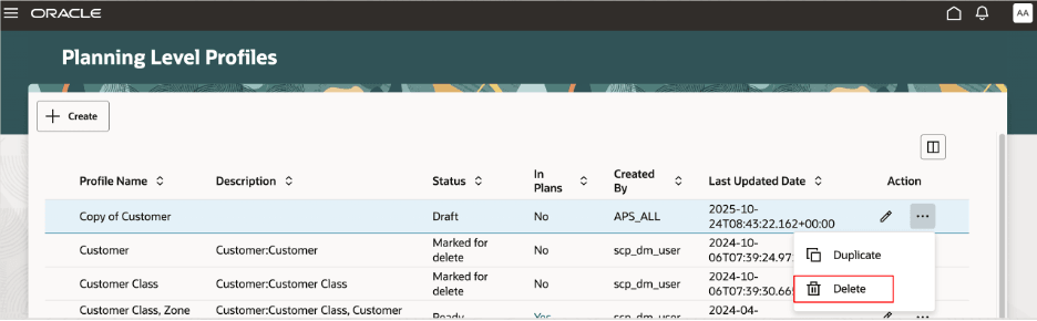 Delete Option on Planning Level Profiles Page