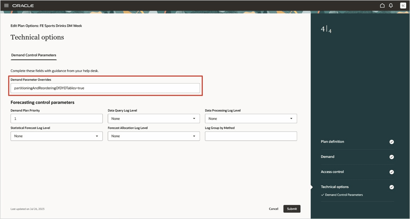 Demand Parameter Overrides Field in Technical Options Step of Guided Process