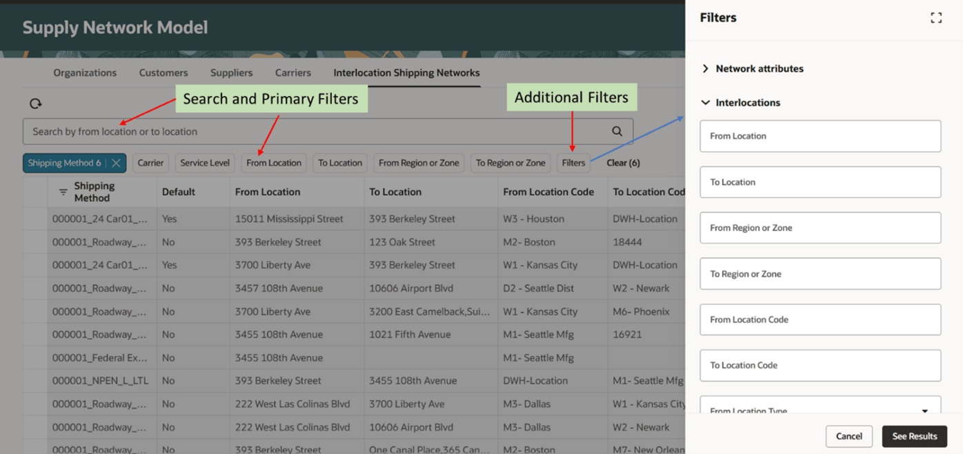 Filter columns in Interlocation Shipping Networks