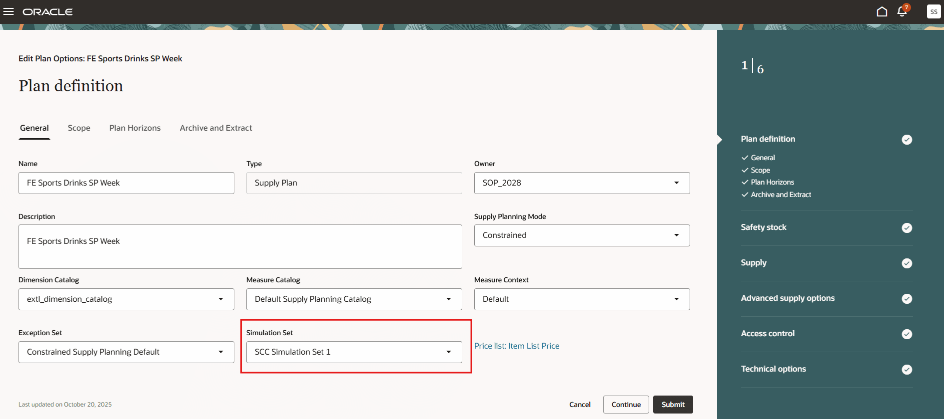 Simulation Set Selection in Plan Options
