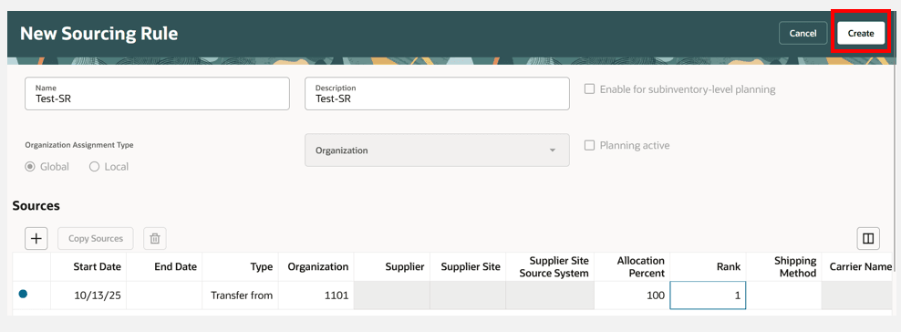 Click Create Button to Create a New Sourcing Rule