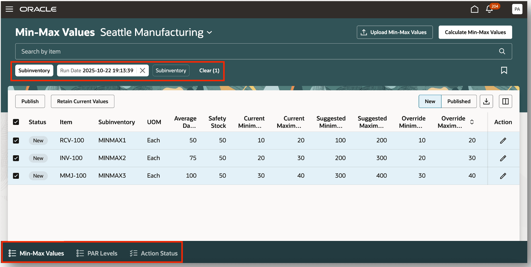 Inventory Replenishment Values