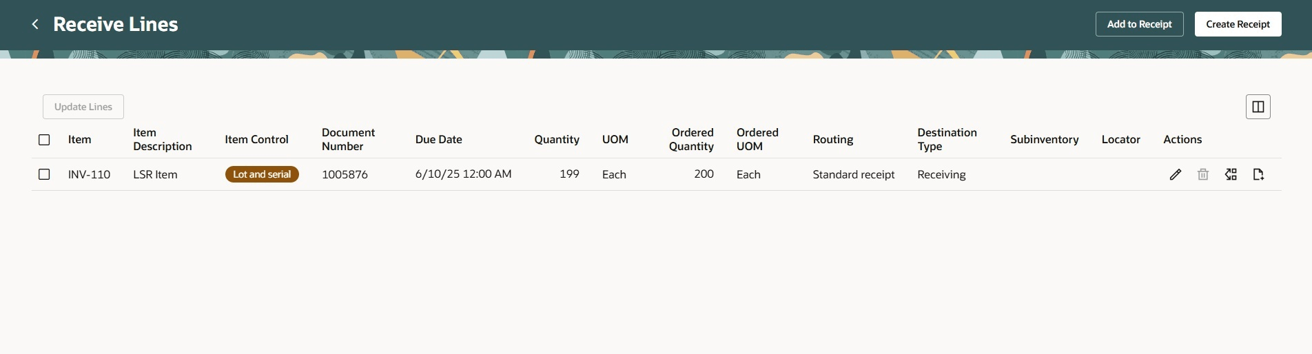 Record Lots and Serial Numbers action available for all receipt routings during receiving