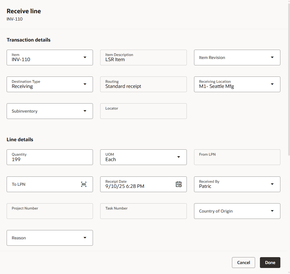 Lot and serial number details section available in Receive line drawer