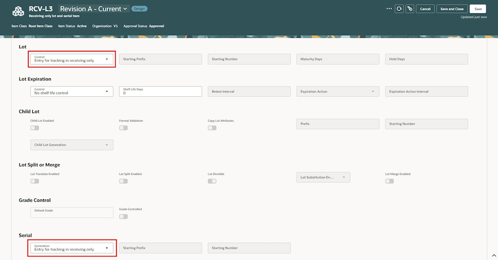 New value in lot control and serial generation attributes