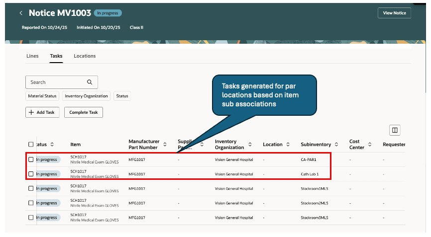 Recall tasks for par subinventories 