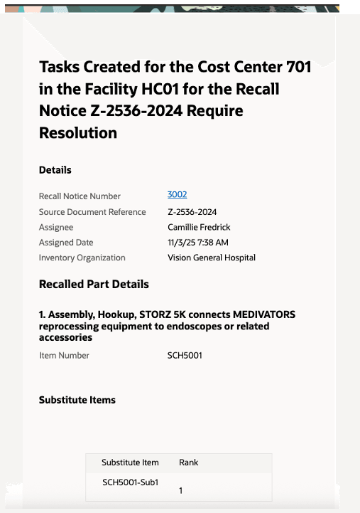 Task notification content with substitute item