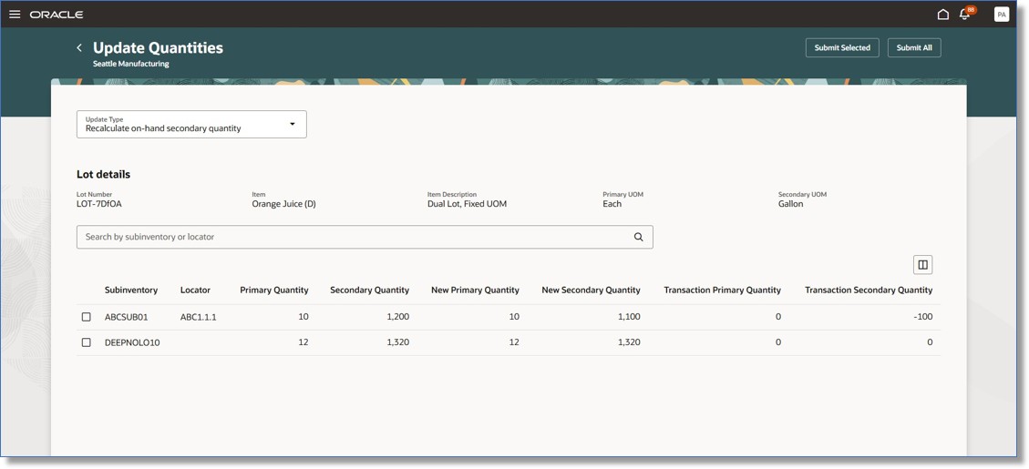 Update Quantities Page