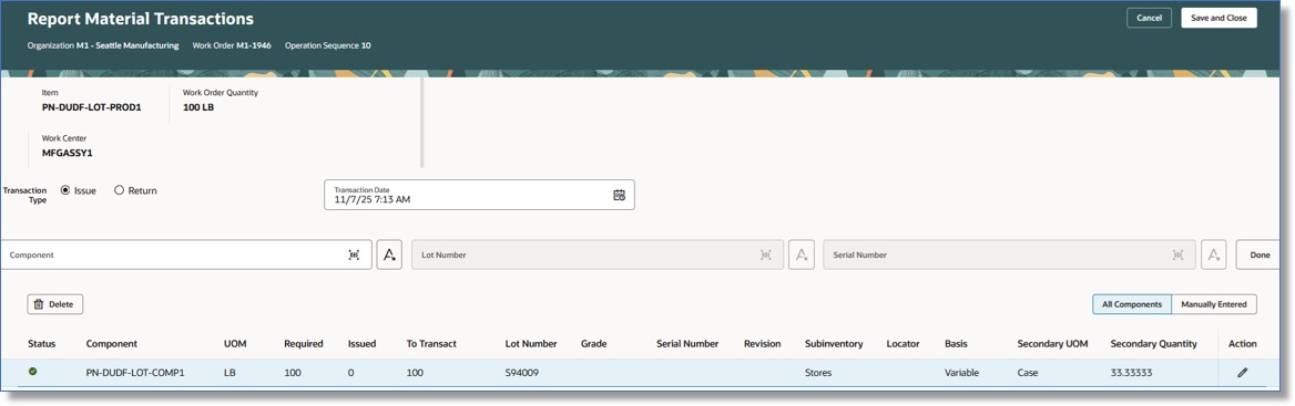 Report Material Transactions Page