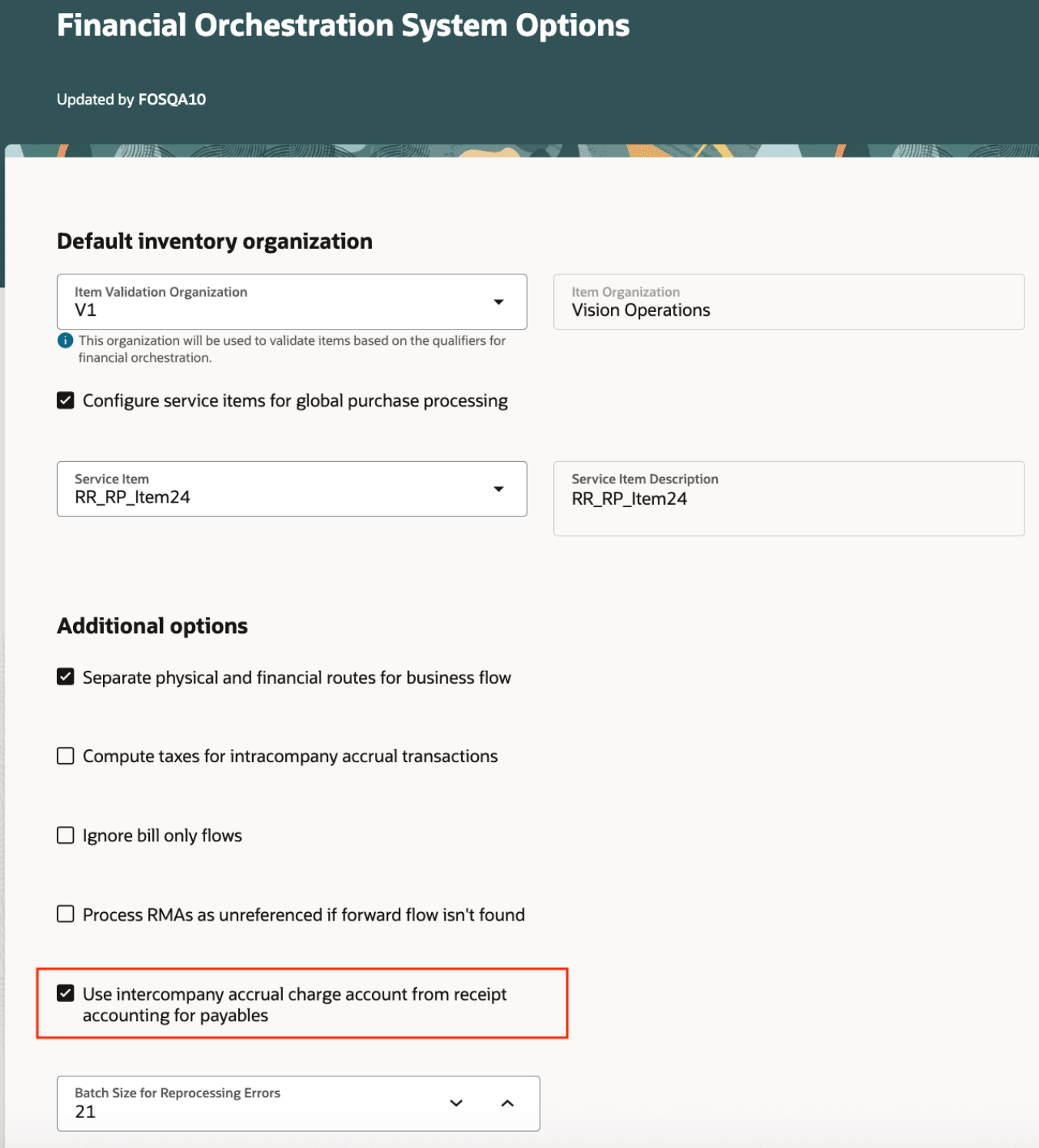 Financial Orchestration System Options Page With the Use Intercompany Accrual Charge Account From Receipt Accounting for Payables Option Enabled