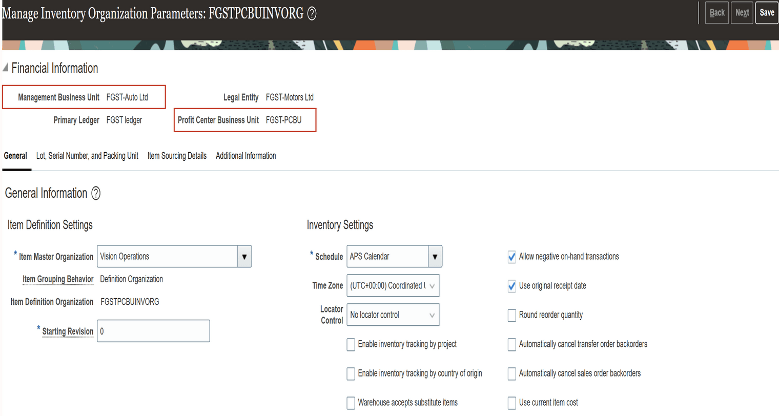 Screenshot of the inventory organization parameters page with management BU and profit center BU setup