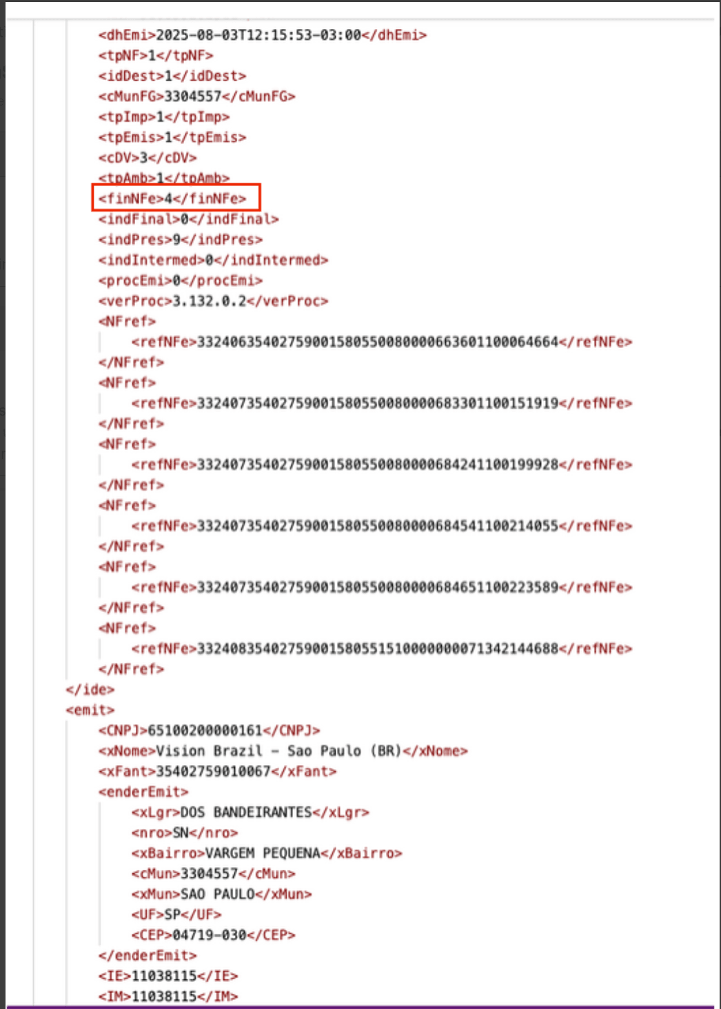 Figure 1: XML with inNFe tag having reference fiscal document details for return transfer flow fiscal document. 