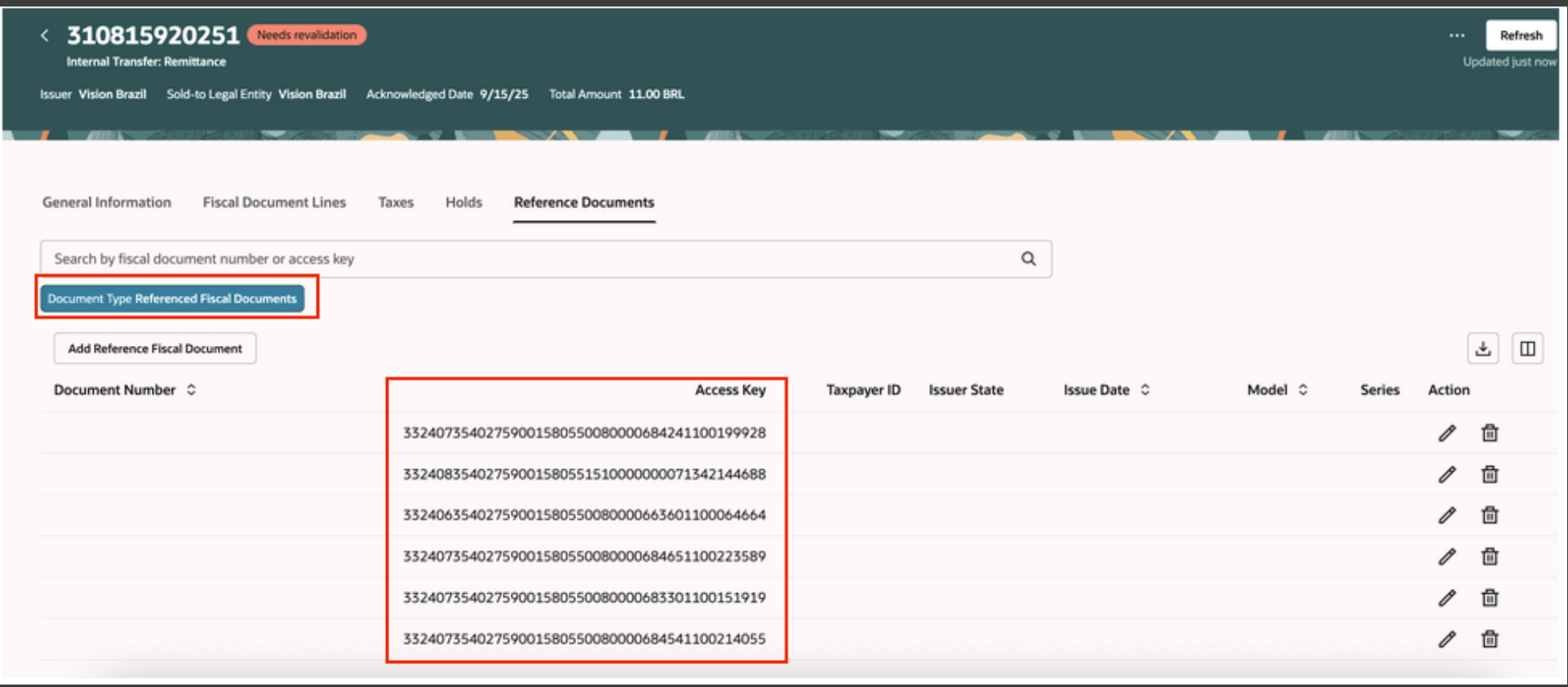 Figure 2: Return fiscal document for fiscal flow Internal Transfer Remittance with references of fiscal documents of forward transfer flow. 