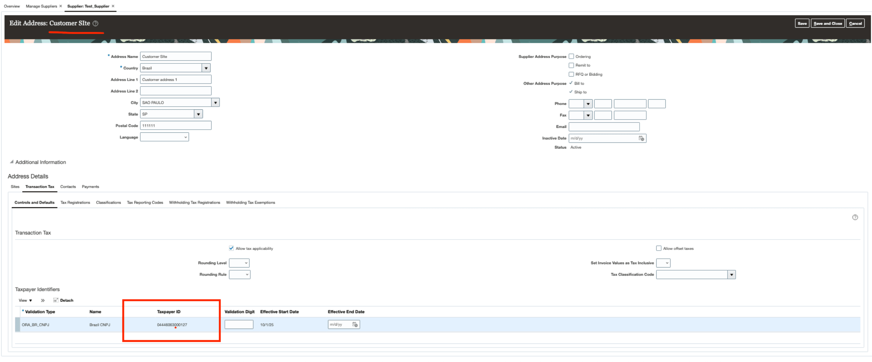 Site configured with address purpose as Bill-to and Ship-to.